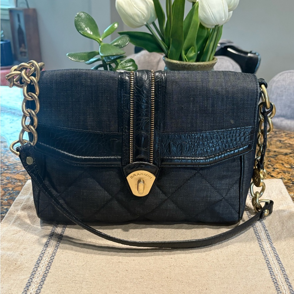 Brahmin Black Quilted Crossbody Bag with Gold Accents
